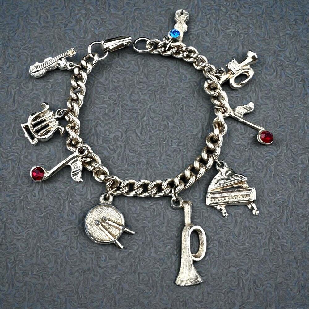 Vintage Musical Instruments Charm Bracelet Gold Tone Rhinestone Notes Chain